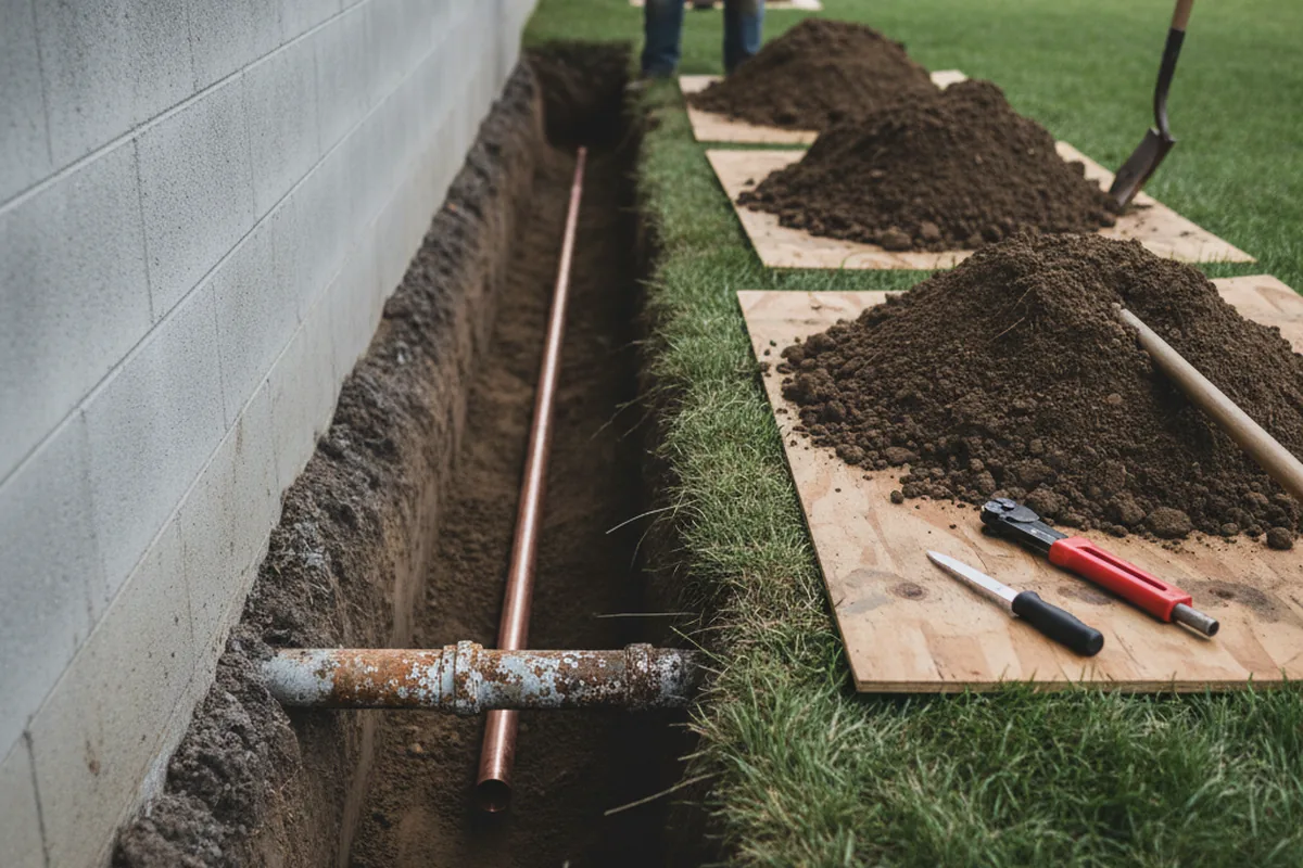 Excavated water line trench during Water Softener Installation in Brilliant